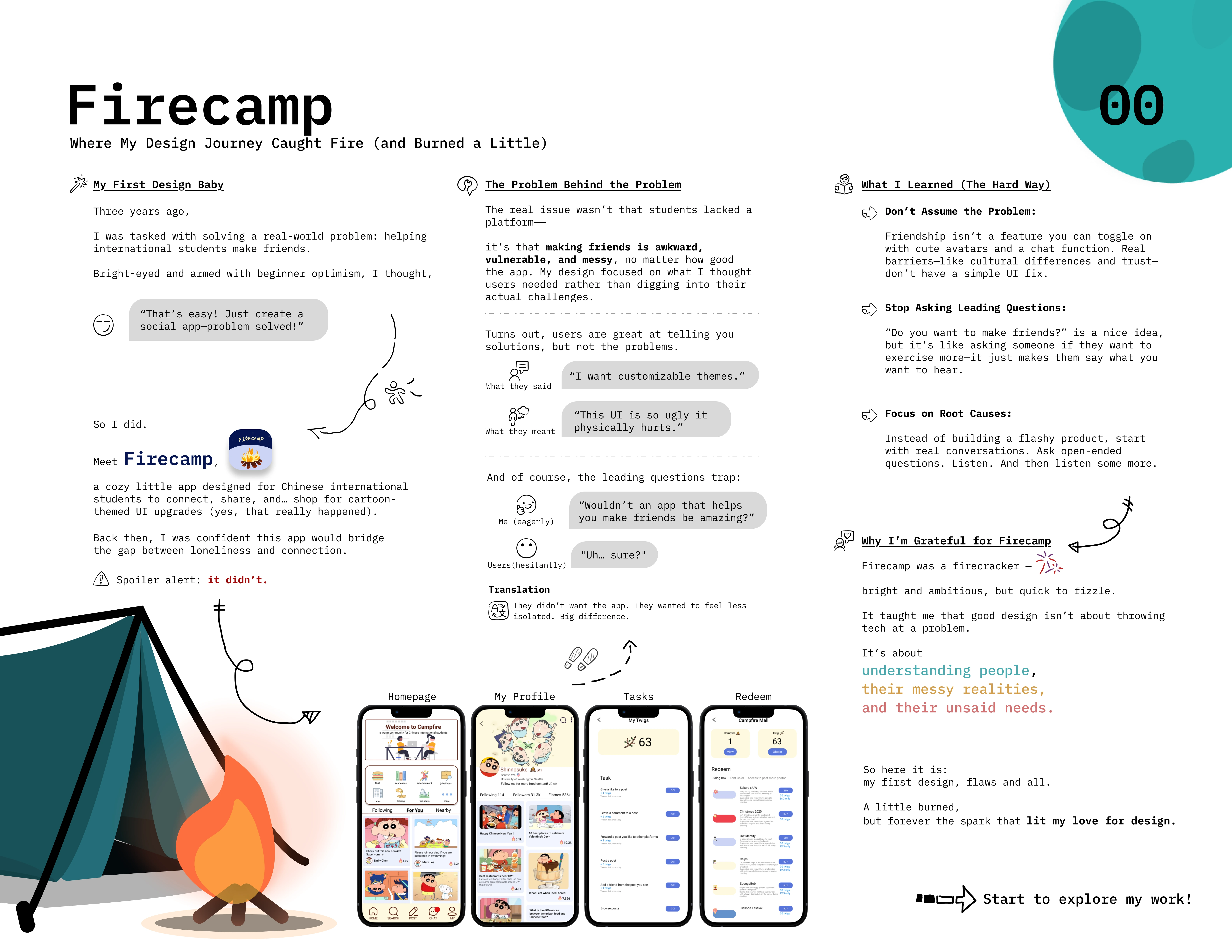 A board titled Firecamp, walking through her first design project, a social app for Chinese international students, what went wrong with it, and what she took from it