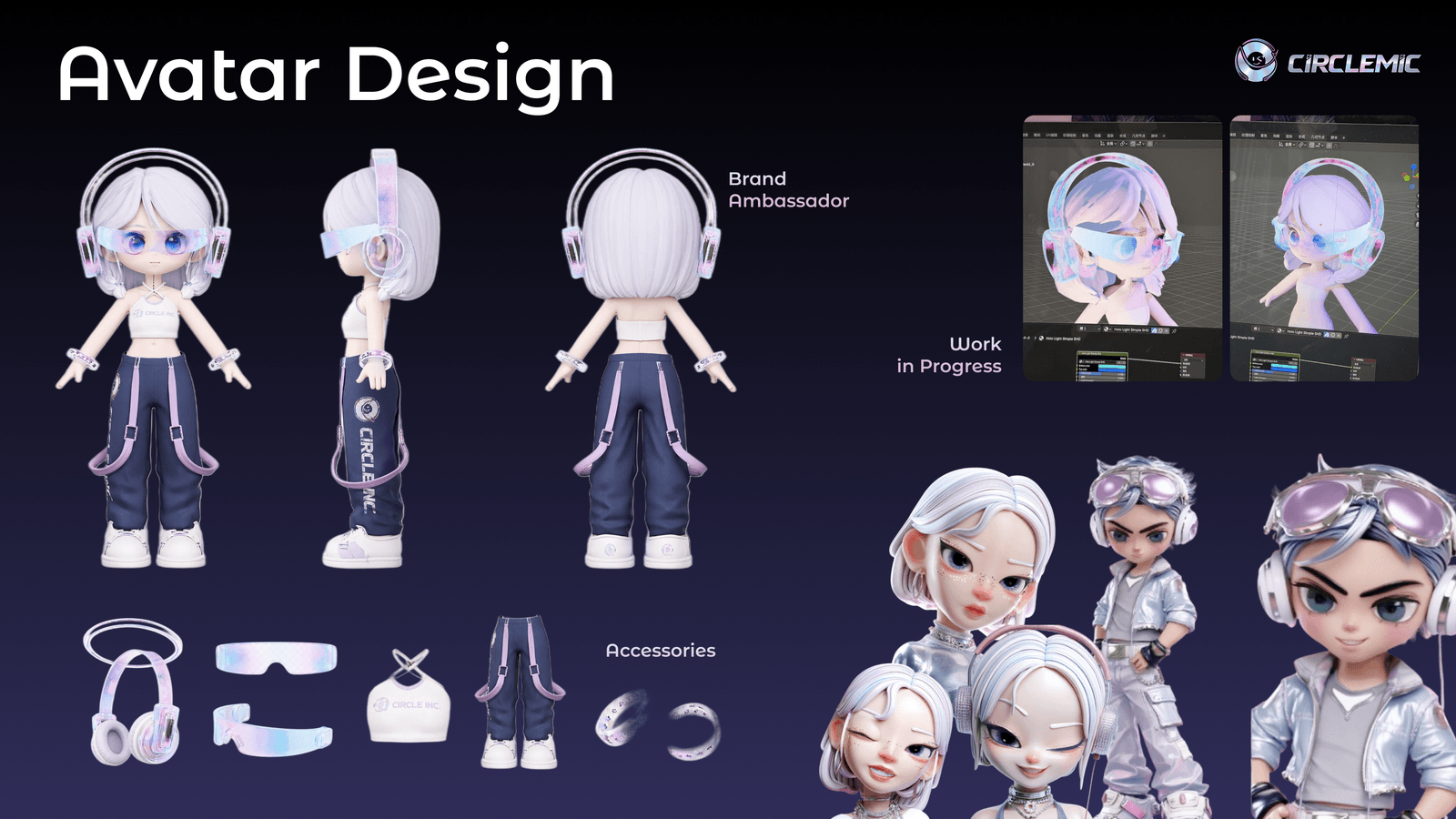 Avatar design sheet showing the brand character in three views, her accessories, work in progress modelling, and the other companion characters