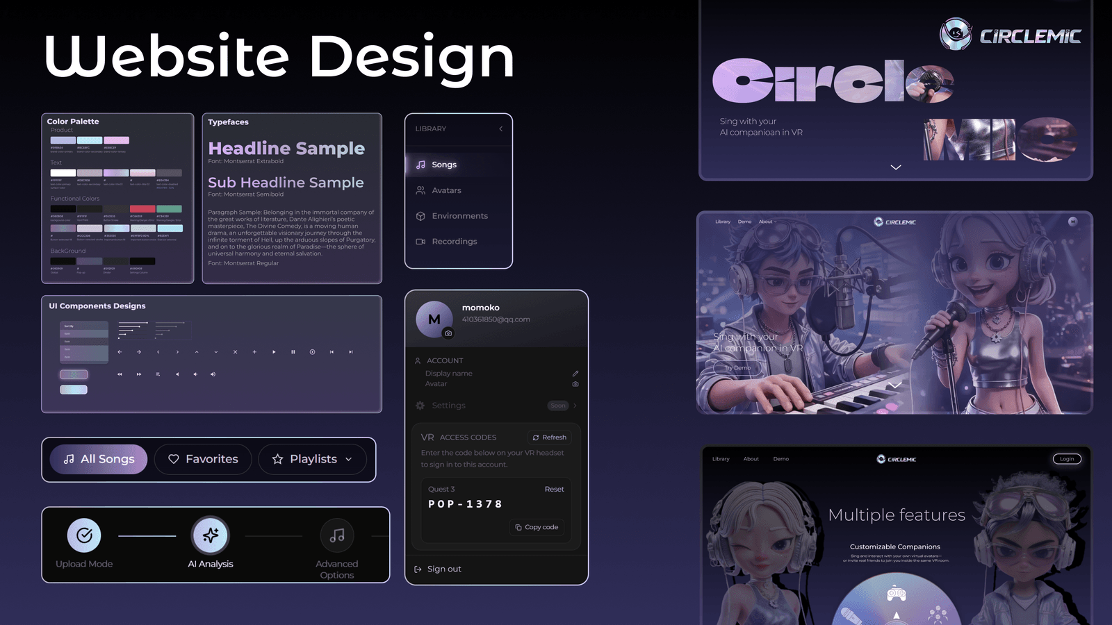 CircleMic design guide showing the colour palette, typefaces, UI components, library navigation, account panel and web screens