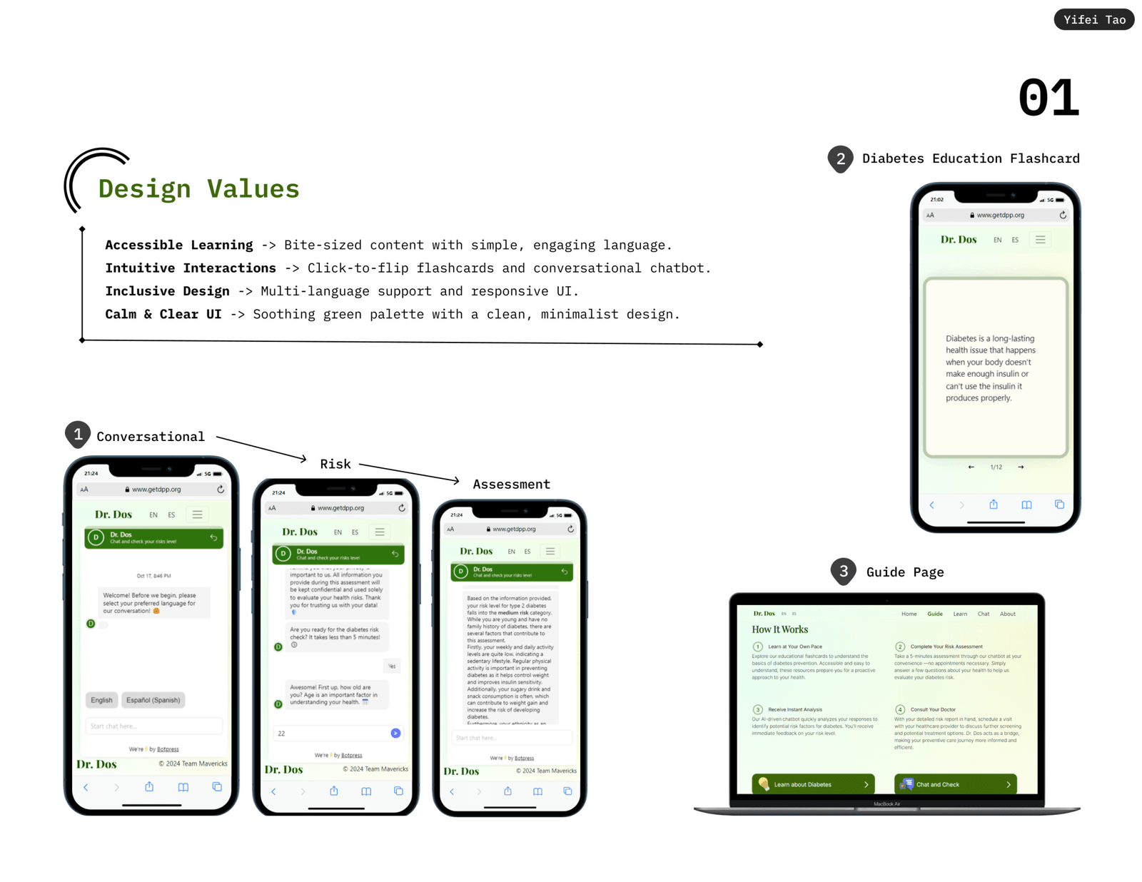 Design board showing the four design values and the three main features, the conversational risk assessment on mobile, the flashcard interface, and the guide page
