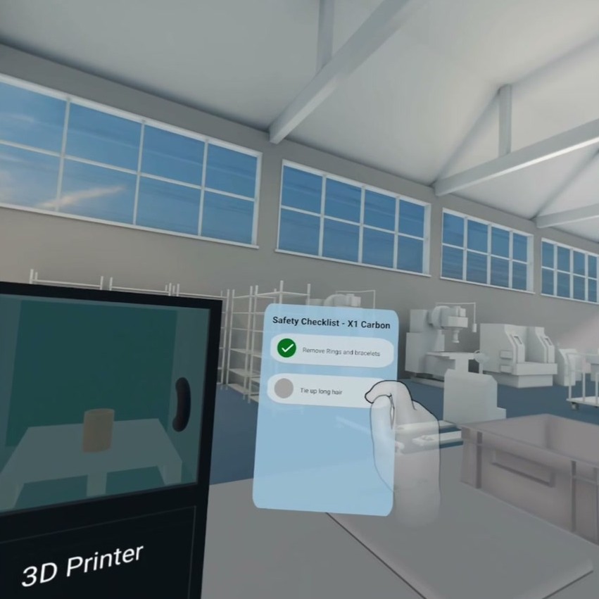 A floating safety checklist for the X1 Carbon printer sits beside the 3D printer in the VR prototype, first item ticked, a hand reaching for the second